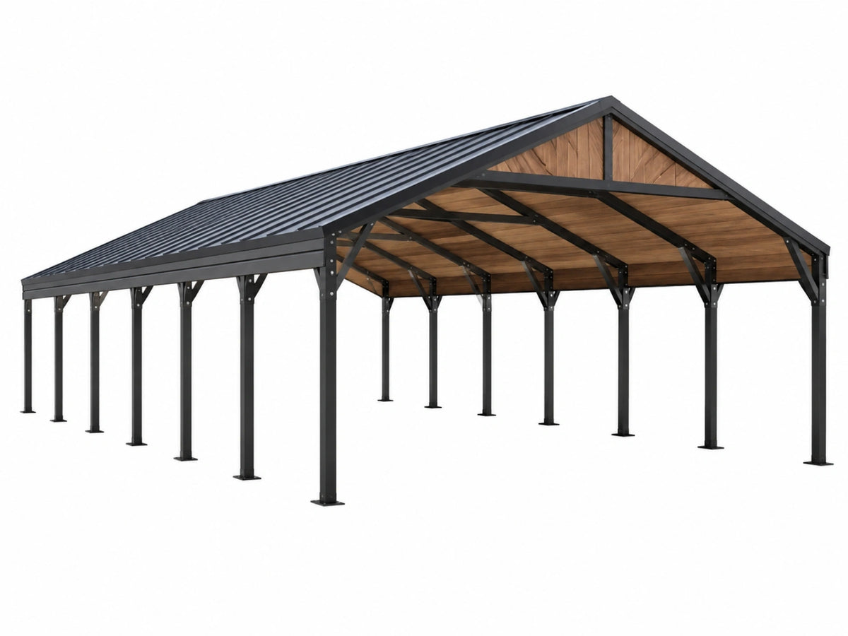 Carport 600 x 600 x 300 cm aus Stahl Schwarz Holzoptik mit Satteldach