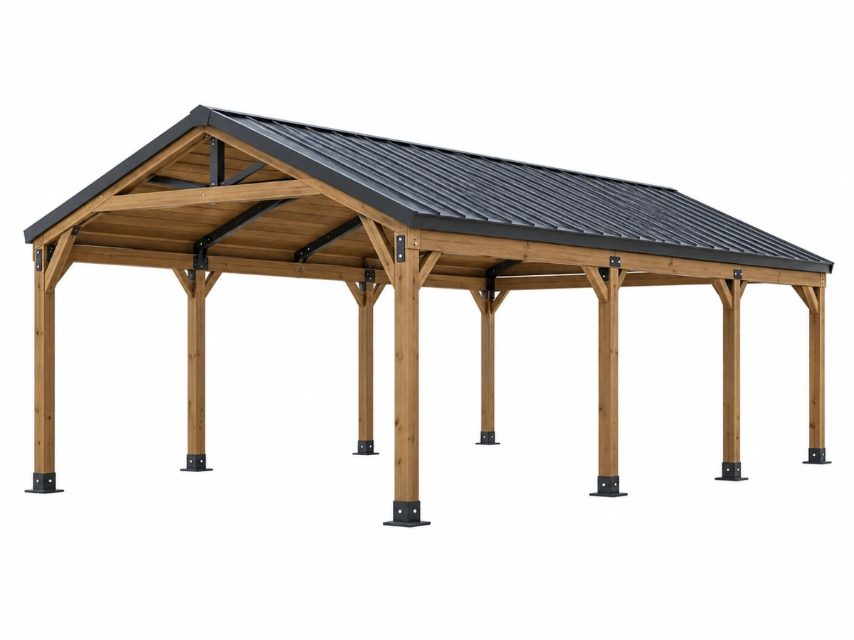 Carport 600 x 300 x 250 cm aus Holz mit schwarzem Metalldach