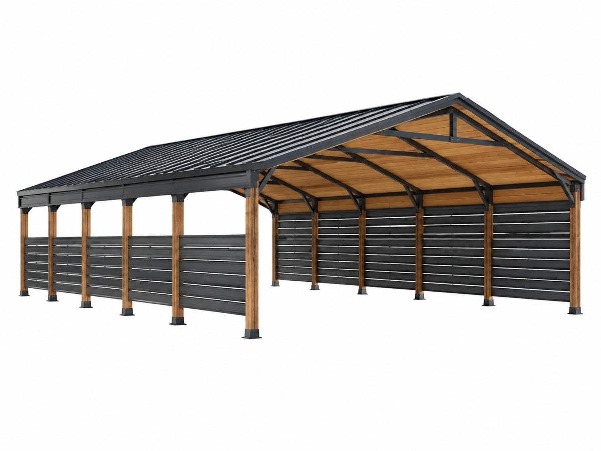 Carport 600 x 600 x 300 cm Stahl Holz Anthrazit freistehend mit Satteldach