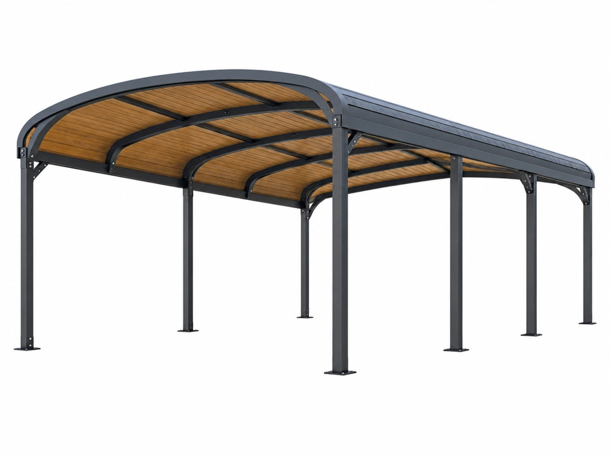 Carport 600 x 300 x 250 cm aus Stahl und Holz in Anthrazit mit gewölbtem Dach