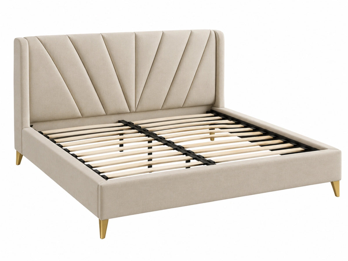 Polsterbett 180 x 200 cm in Beige mit Samtbezug Lattenrost und gepolstertem Kopfteil