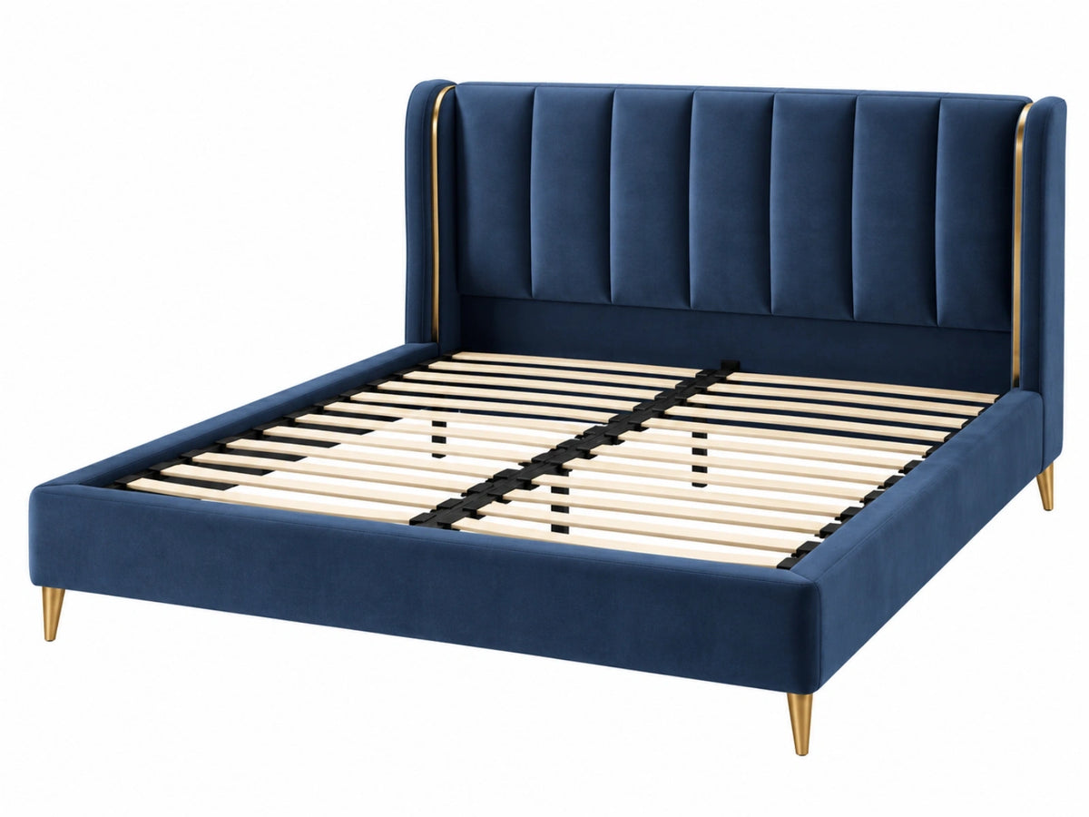 Polsterbett 160 x 200 cm Samt Dunkelblau mit Lattenrost und gepolstertem Kopfteil