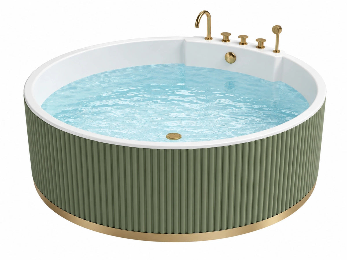 Freistehende Badewanne 150 x 60 cm Acryl Weiß Grün mit goldfarbenen Armaturen rundes Design