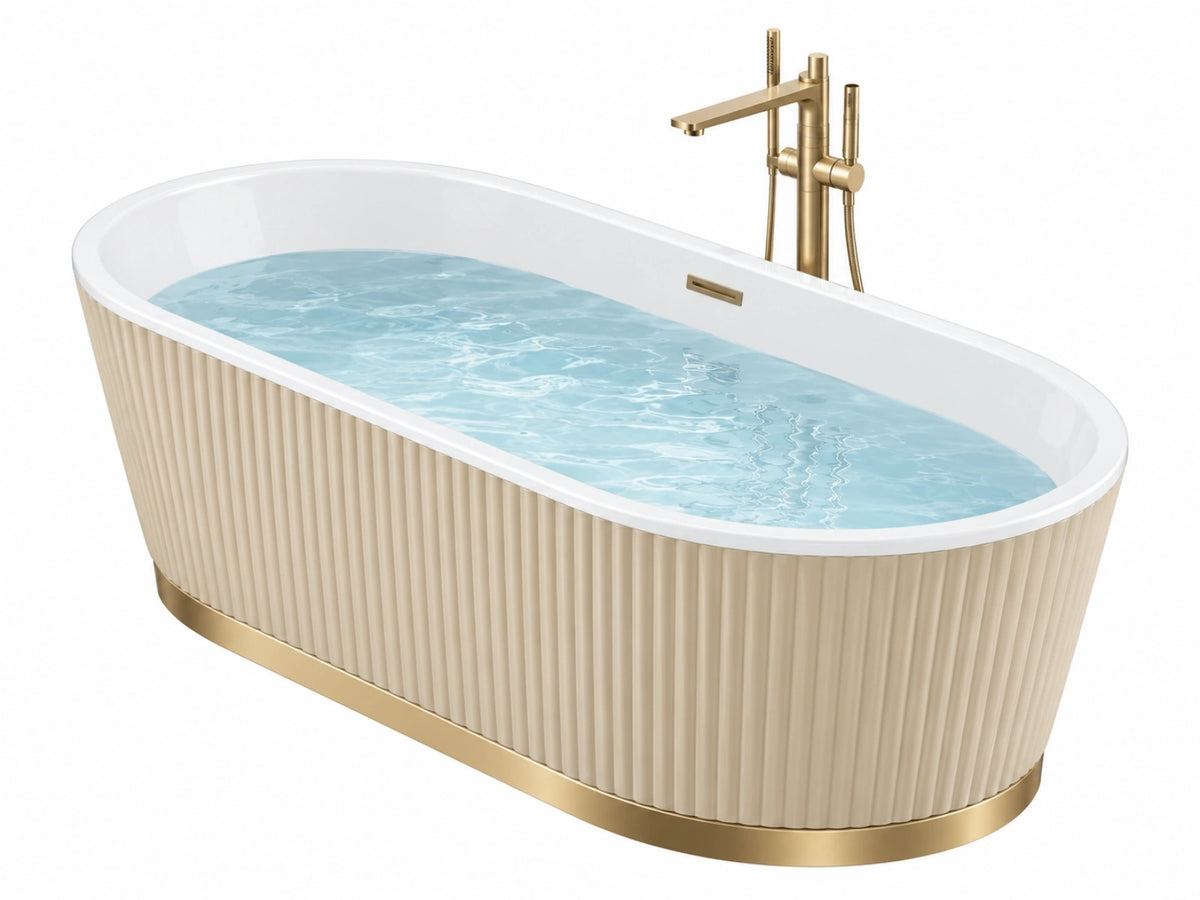Freistehende Badewanne 170 x 80 x 58 cm Acryl Cremeweiß Goldfarben Geriffelte Verkleidung